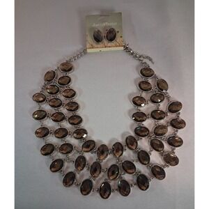 Statement Necklace Earrings Set Smoky Quartz Color Oval Stones Silver Tone